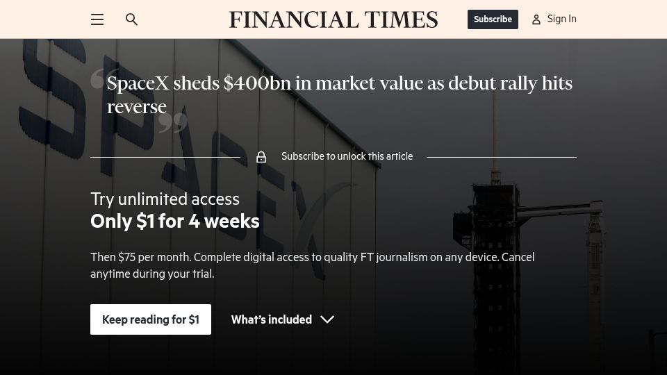 Screenshot of ft.com: SpaceX sheds $400B in market value as debut rally hits reverse