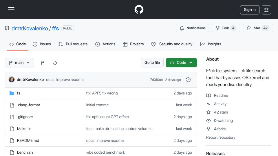 Screenshot of github.com: F* file system – file search that reads SSD directly bypassing OS kernel