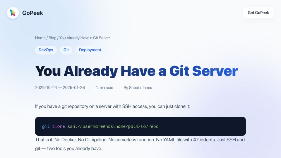 Screenshot of gopeek-lovat.vercel.app: You already have a Git server