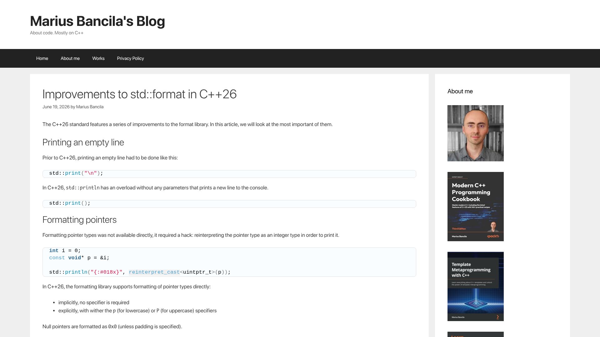 Screenshot of mariusbancila.ro: Improvements to Std:Format in C++26