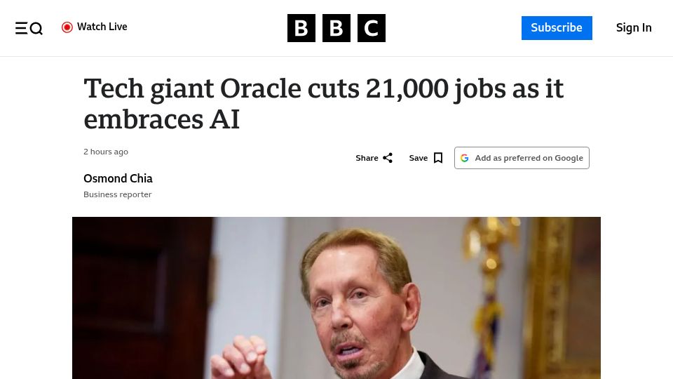 Screenshot of bbc.com: Oracle shed about 20k roles globally in the last year