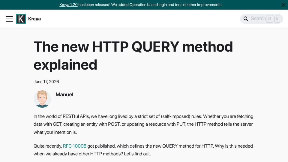 Screenshot of kreya.app: The new HTTP QUERY method explained