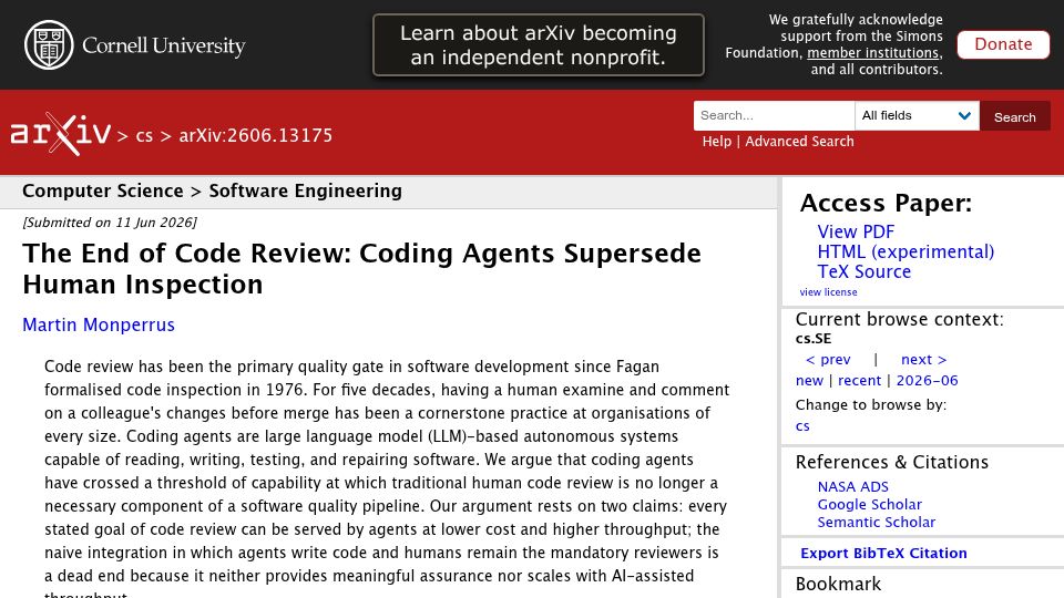 Screenshot of arxiv.org: The End of Code Review: Coding Agents Supersede Human Inspection