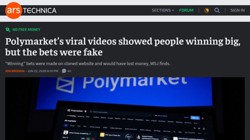 Screenshot of arstechnica.com: Polymarket's viral videos showed people winning big, but the bets were fake
