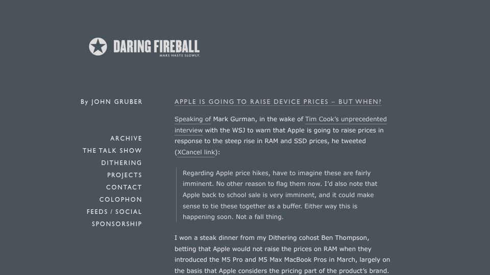 Screenshot of daringfireball.net: Apple is going to raise device prices, but when?