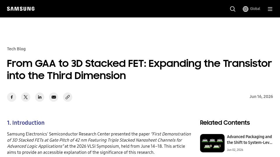 Screenshot of semiconductor.samsung.com: Samsung demonstrates 3D stacked FETs with triple nanosheet channels at 42nm
