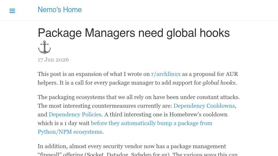 Screenshot of captnemo.in: Package Managers need global hooks