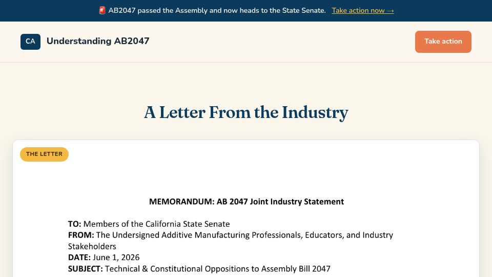 Screenshot of the3dprintingnerd.com: California AB 2047 makes 3D printers off-limits to students, educators, business