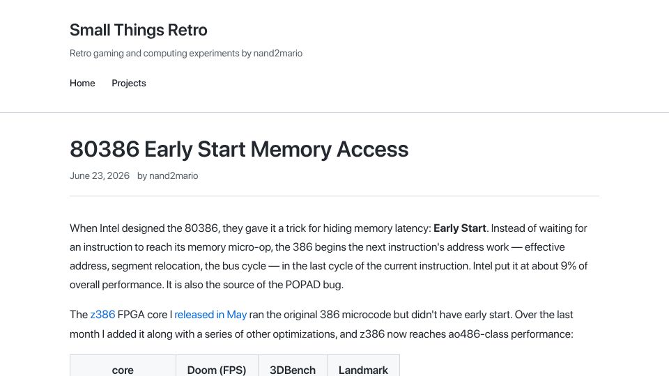 Screenshot of nand2mario.github.io: 80386 Early Start Memory Access