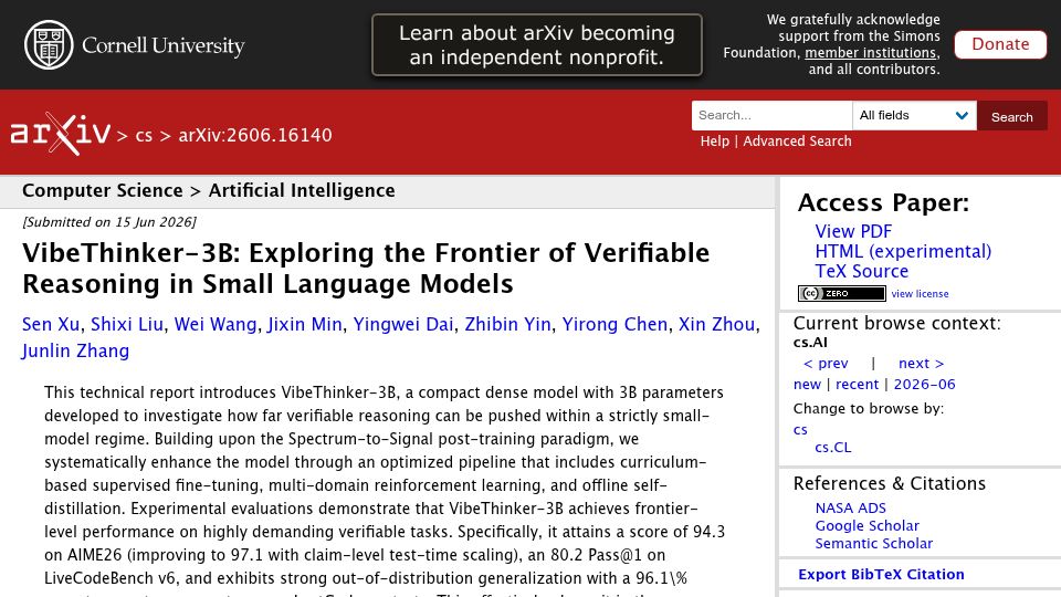Screenshot of arxiv.org: VibeThinker: 3B param model that beats Opus 4.5 on reasoning with novel SFT+GRPO