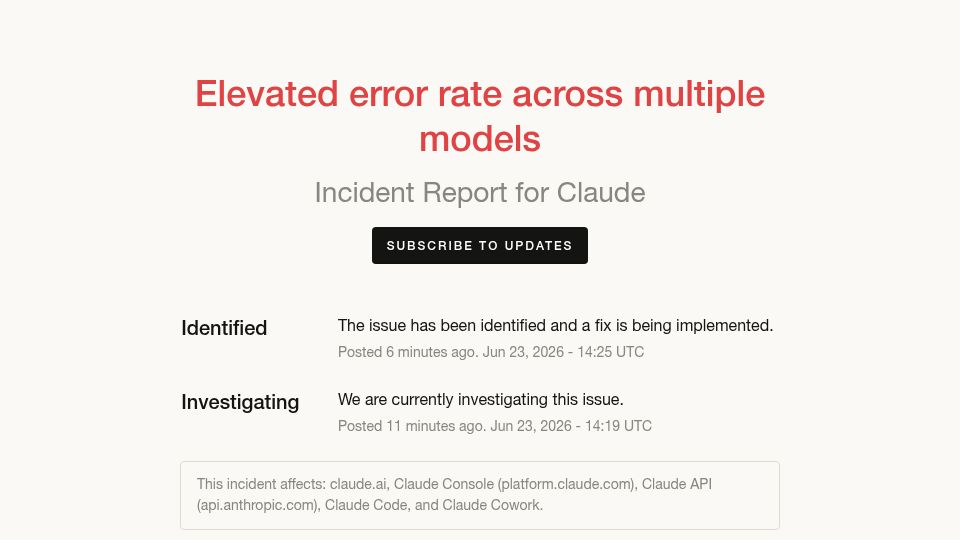 Screenshot of status.claude.com: Elevated error rate across multiple models