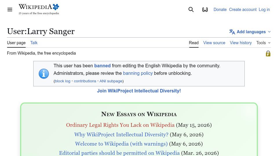 Screenshot of en.wikipedia.org: Wikipedia cofounder Larry Sanger blocked from editing Wikipedia