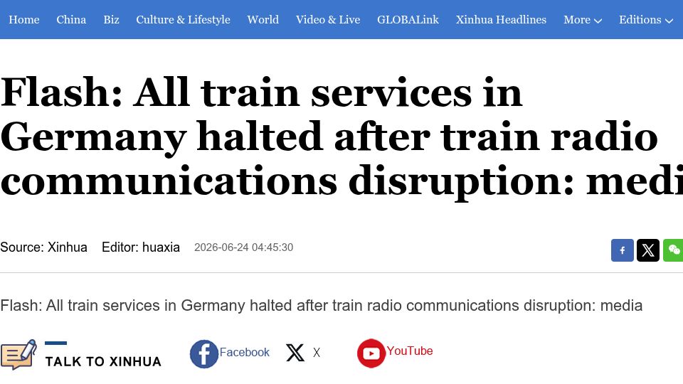 Screenshot of english.news.cn: All train services in Germany halted after train radio communications disruption