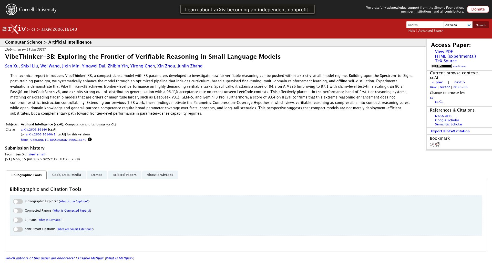 Screenshot of arxiv.org: VibeThinker: 3B param model that beats Opus 4.5 on reasoning with novel SFT+GRPO