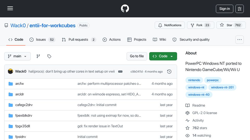 Screenshot of github.com: Windows NT for GameCube/Wii