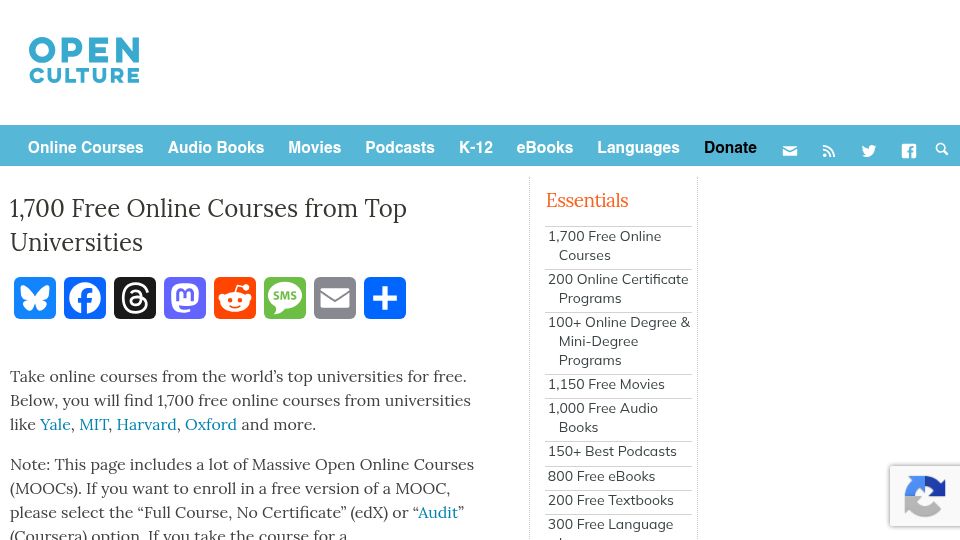 Screenshot of openculture.com: 1,700 free online courses from top universities