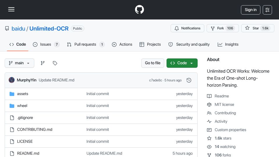 Screenshot of github.com: Unlimited OCR: One-shot long-horizon parsing