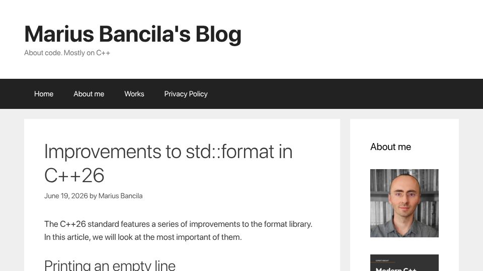 Screenshot of mariusbancila.ro: Improvements to Std:Format in C++26
