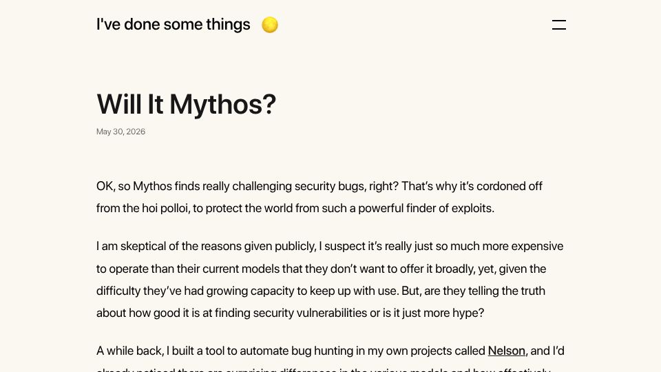 Screenshot of swelljoe.com: Will It Mythos?