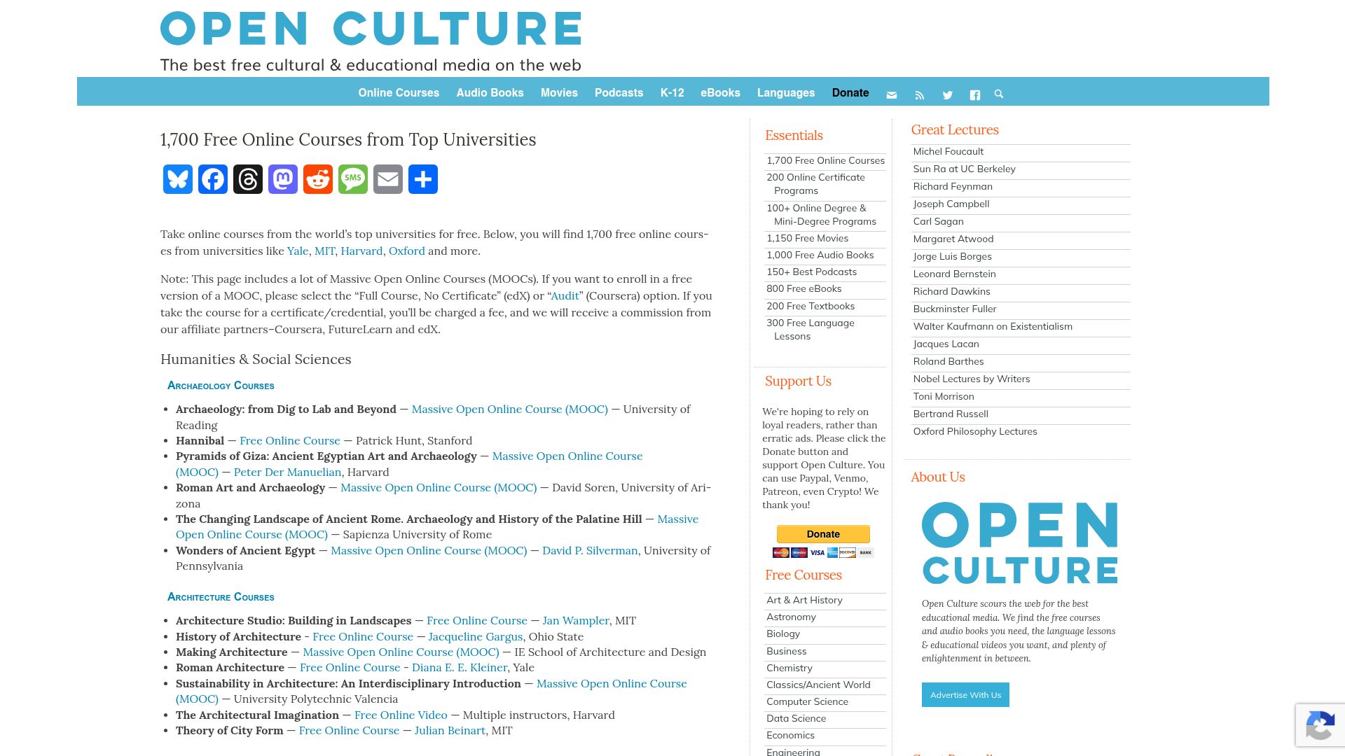 Screenshot of openculture.com: 1,700 free online courses from top universities