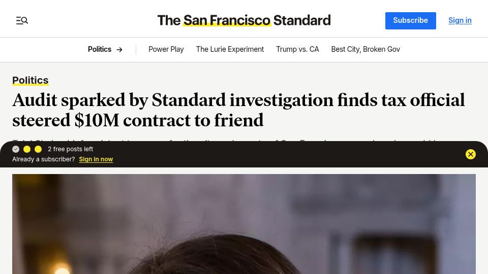 Screenshot of sfstandard.com: Audit finds San Francisco tax official steered $10M contract to friend