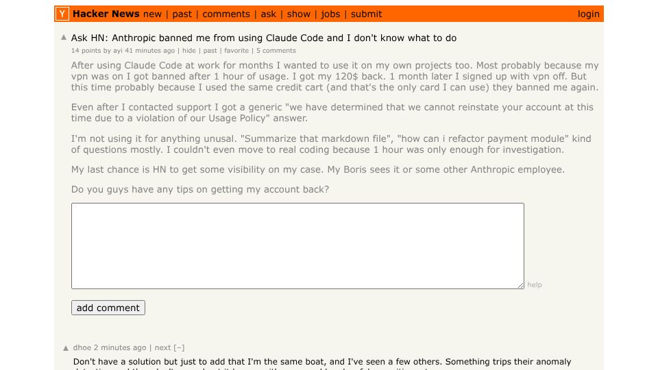 Screenshot of Hacker News post: Ask HN: Anthropic banned me from using Claude Code and I don't know what to do