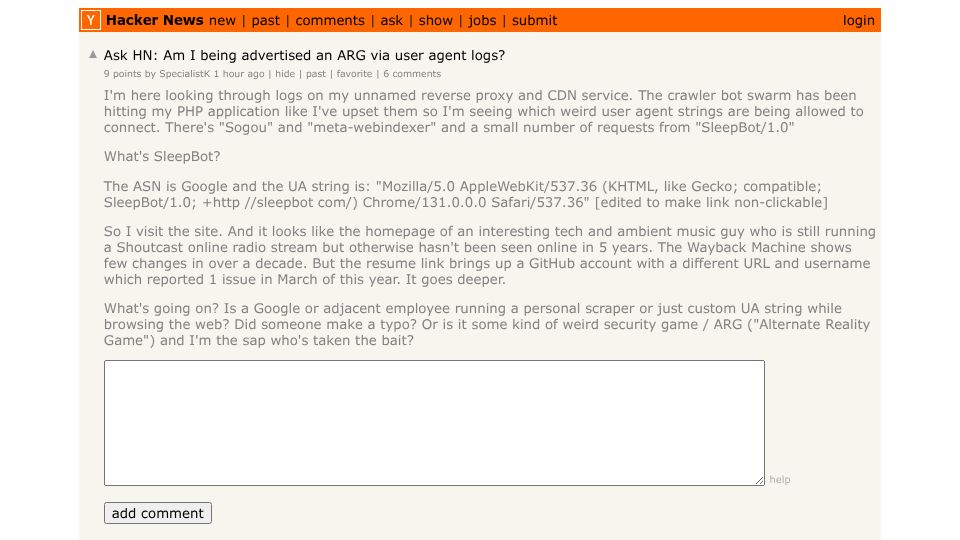 Screenshot of Hacker News post: Ask HN: Am I being advertised an ARG via user agent logs?