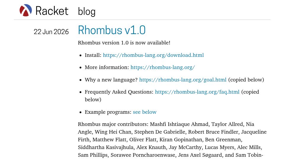 Screenshot of blog.racket-lang.org: Rhombus Language 1.0
