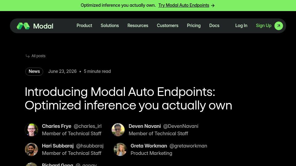 Screenshot of modal.com: Modal Auto Endpoints: Optimized inference you own
