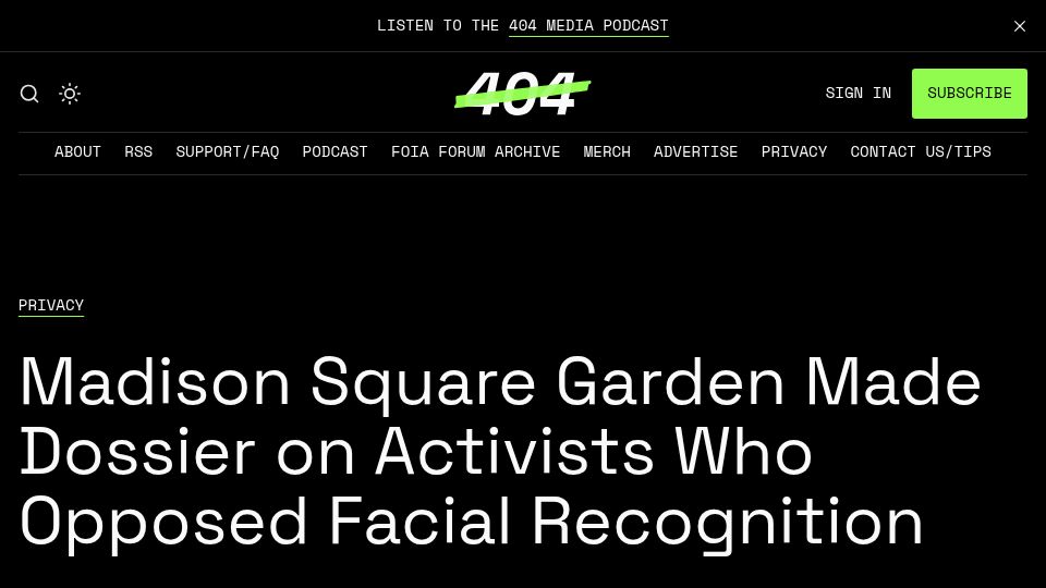 Screenshot of 404media.co: Madison Square Garden compiled a list of activists against facial recognition