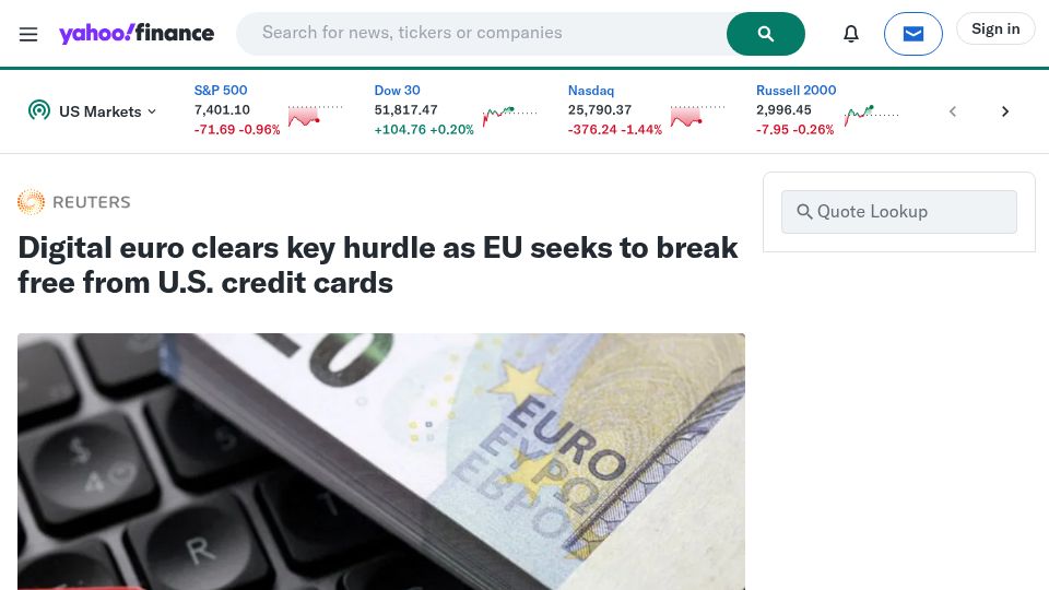 Screenshot of finance.yahoo.com: Digital euro clears key hurdle as EU seeks to break free from U.S. credit cards