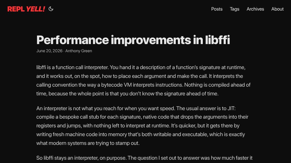 Screenshot of atgreen.github.io: Performance Improvements in Libffi