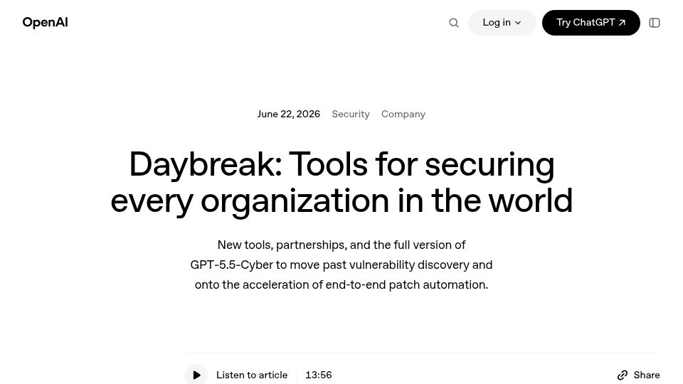 Screenshot of openai.com: OpenAI DayBreak – GPT-5.5-Cyber