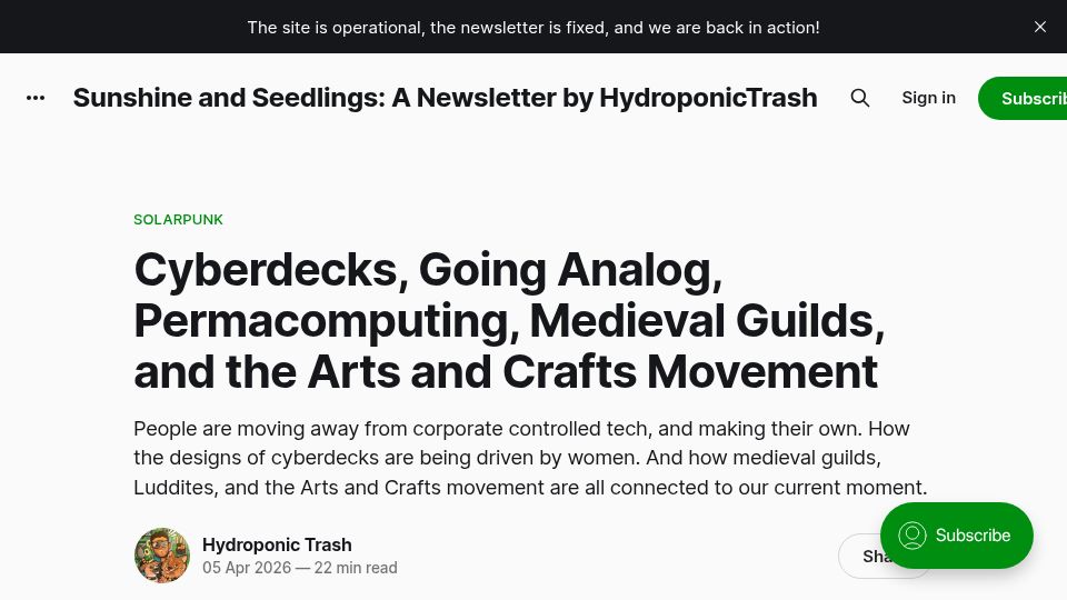 Screenshot of blog.hydroponictrash.solar: Cyberdecks, going analog, and convivial technology