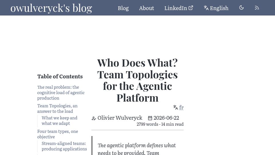 Screenshot of blog.owulveryck.info: Who Does What? Team Topologies for the Agentic Platform