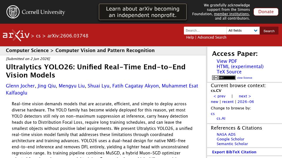 Screenshot of arxiv.org: Ultralytics YOLO26: Unified Real-Time End-to-End Vision Models