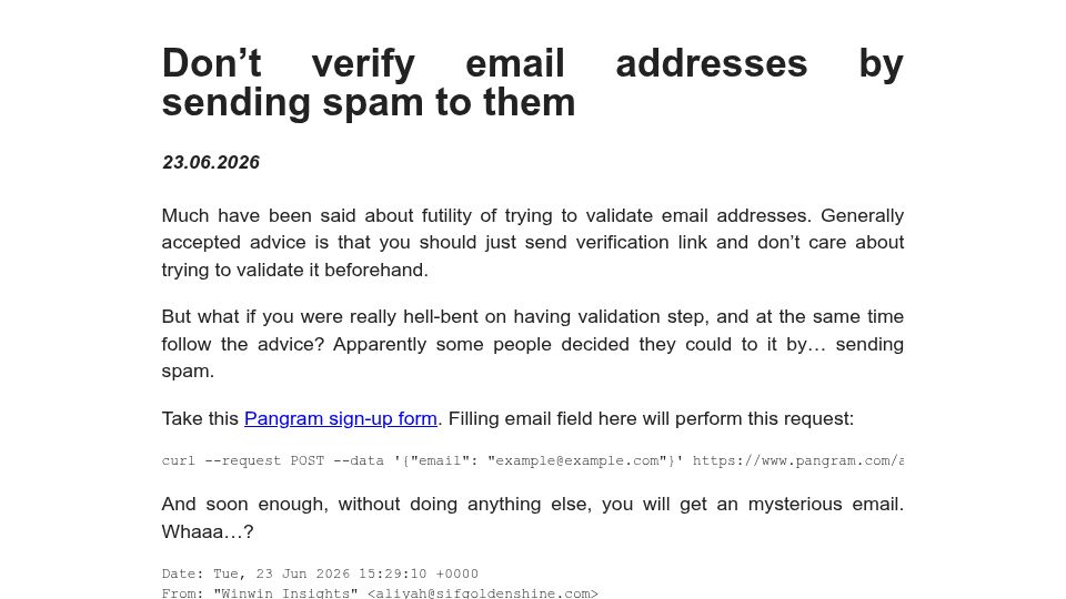 Screenshot of milek7.pl: Don't verify email addresses by sending spam to them