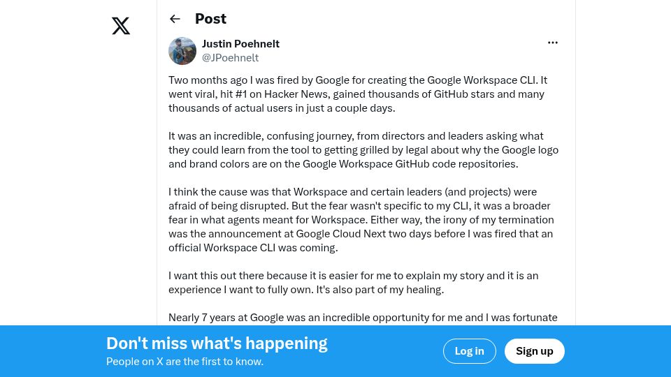 Screenshot of twitter.com: Fired by Google for creating the Google workspace CLI