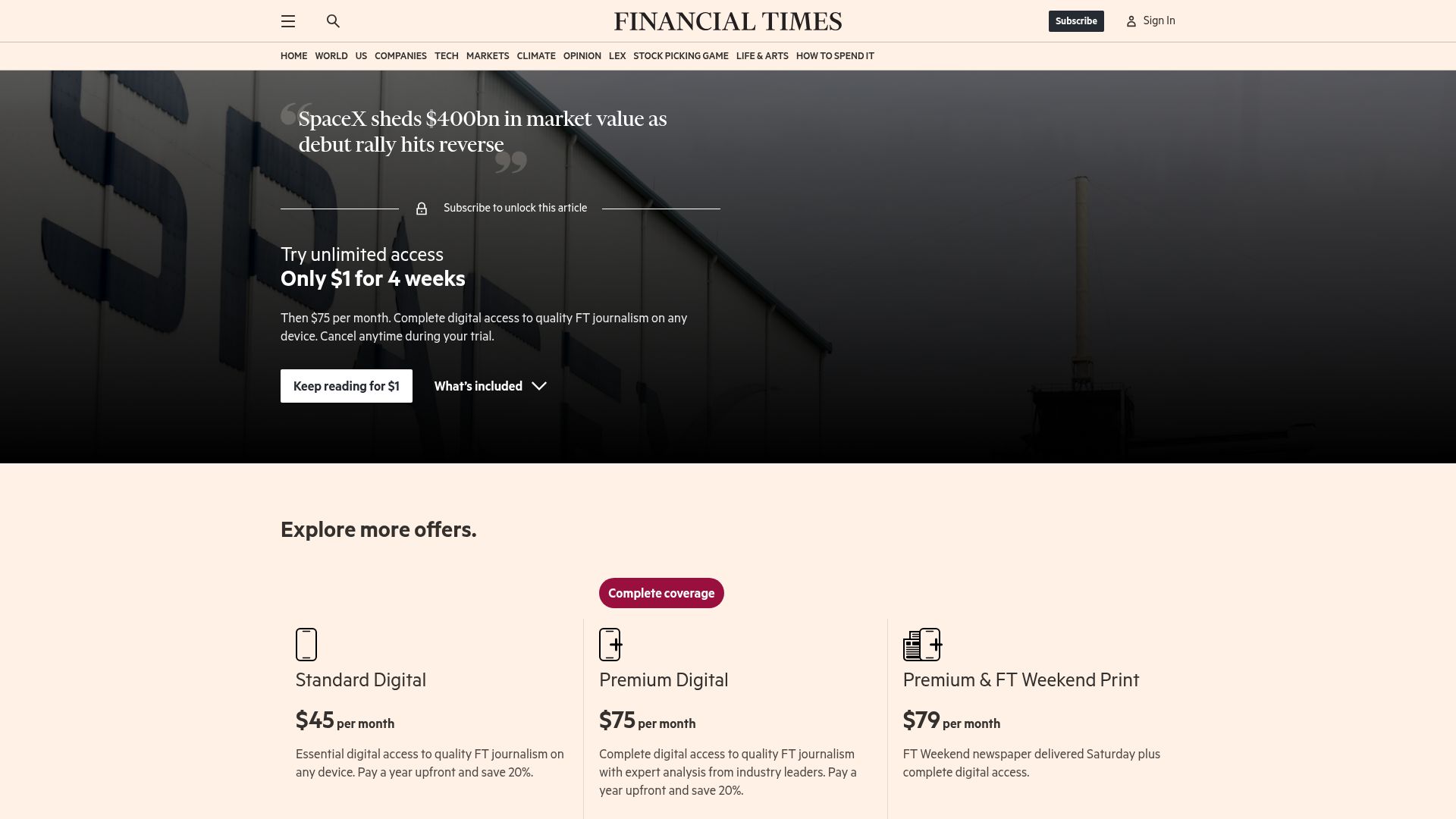 Screenshot of ft.com: SpaceX sheds $400B in market value as debut rally hits reverse