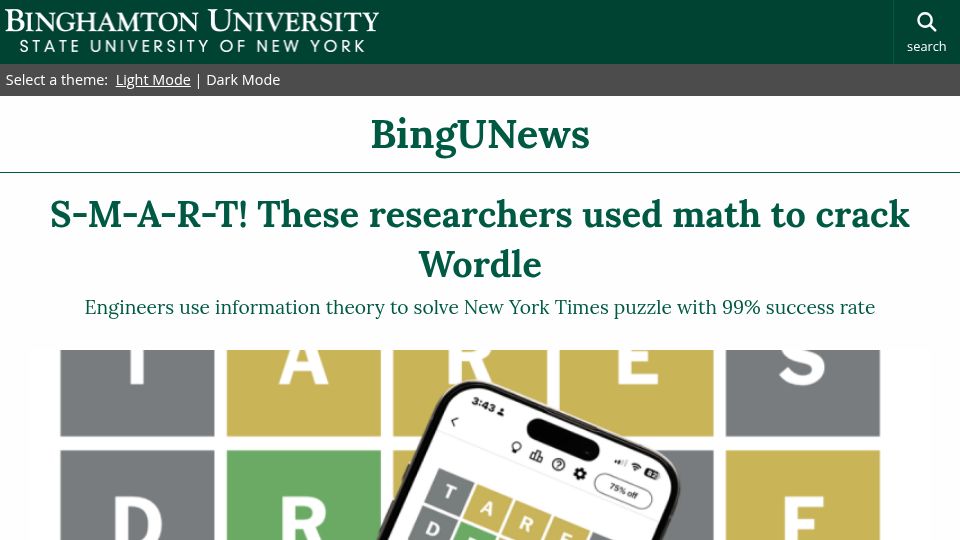 Screenshot of binghamton.edu: Solving Wordle using information theory