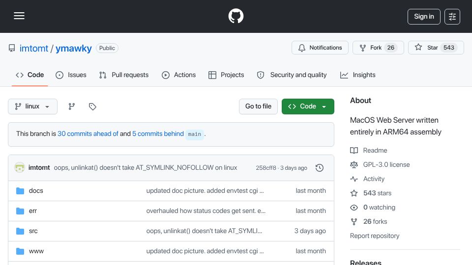 Screenshot of github.com: Show HN: A pure ARM64 Assembly web server, now on Linux with CGI for no reason