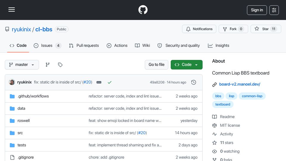 Screenshot of github.com: CL-BBS: the schemeBBS-like textboard rewritten in Common Lisp