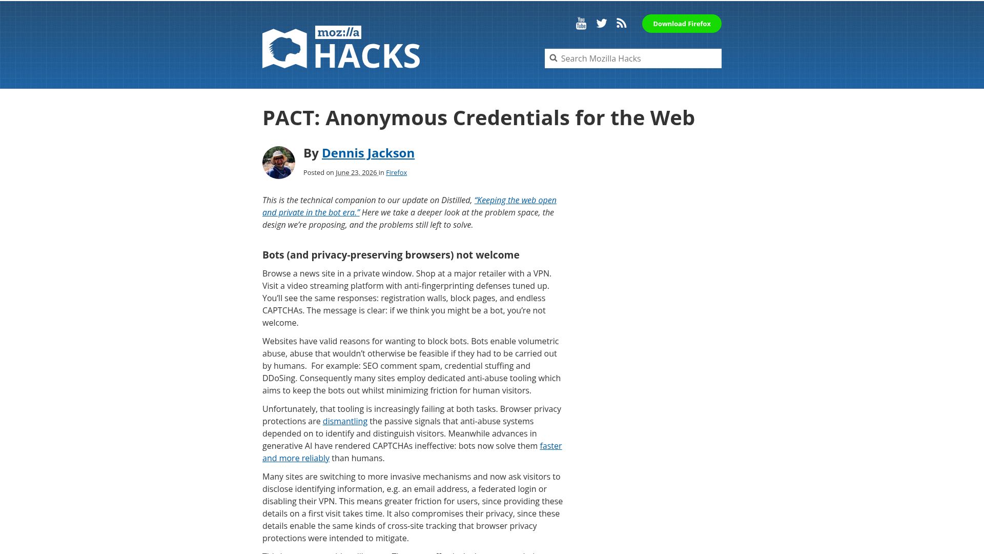 Screenshot of hacks.mozilla.org: Pact: Anonymous Credentials for the Web