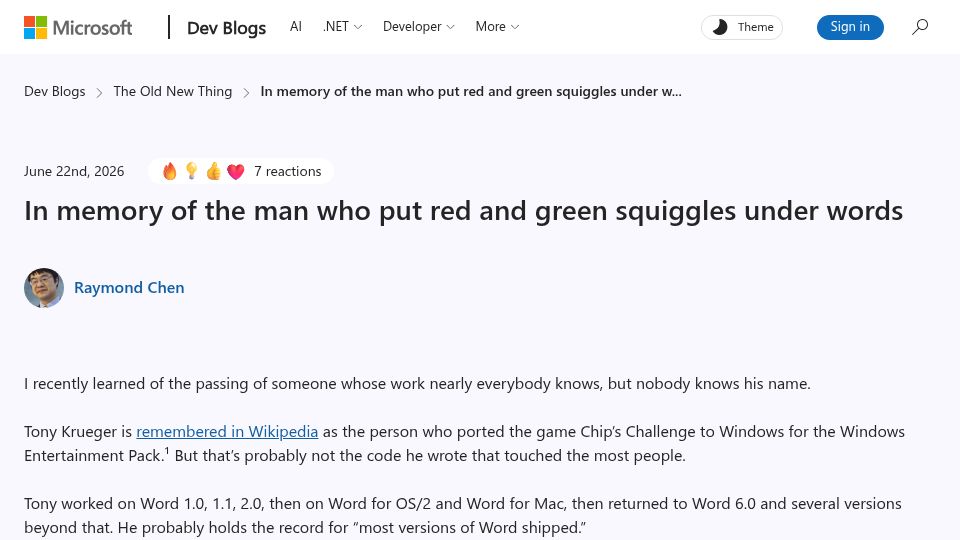 Screenshot of devblogs.microsoft.com: In memory of the man who put red and green squiggles under words