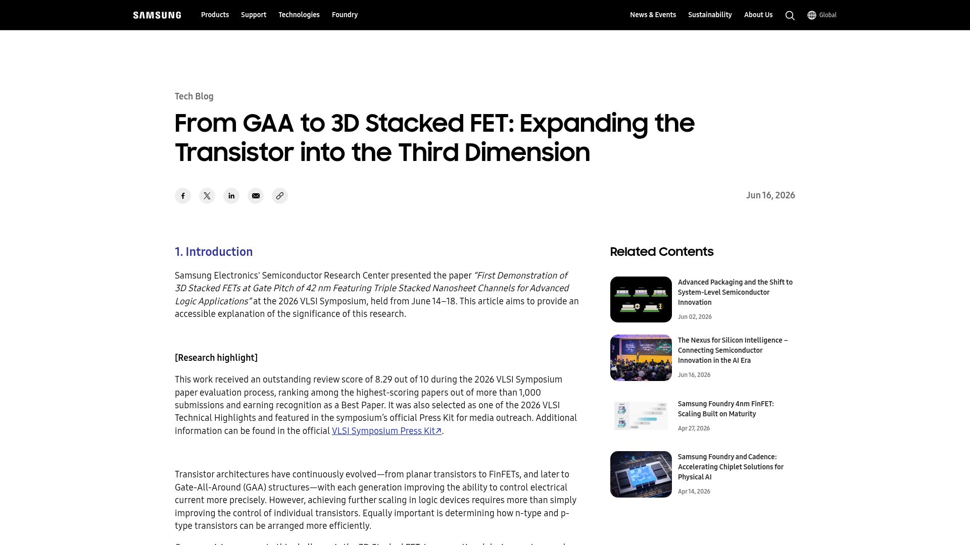 Screenshot of semiconductor.samsung.com: Samsung demonstrates 3D stacked FETs with triple nanosheet channels at 42nm