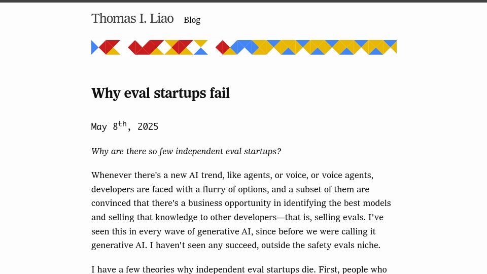 Screenshot of thomasliao.com: Why eval startups fail (2025)