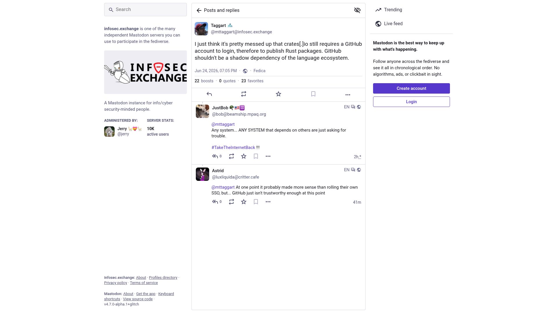 Screenshot of infosec.exchange: GitHub shouldn't be a dependency for publishing Rust on crates.io