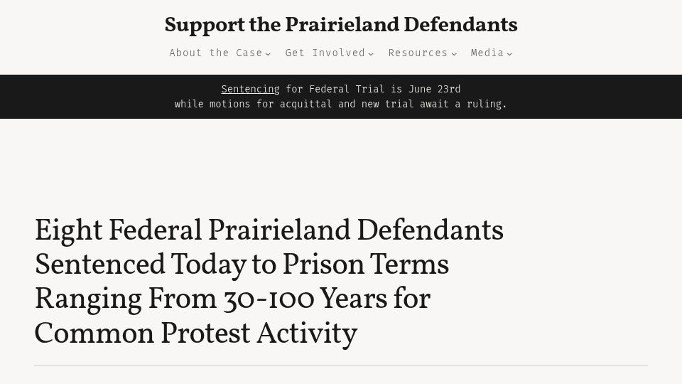 Screenshot of prairielanddefendants.com: Prairieland Defendants Sentenced Today to Prison Terms Ranging from 30-100 Years