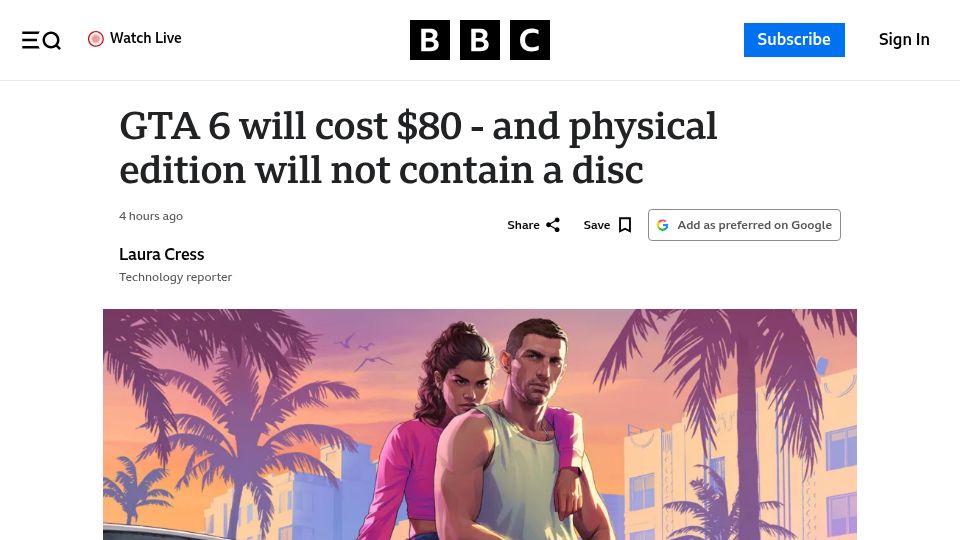 Screenshot of bbc.com: GTA 6 will cost $80
