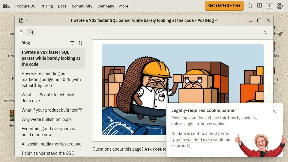 Screenshot of posthog.com: I rewrote PostHog's SQL parser, 70x faster, while barely looking at the code